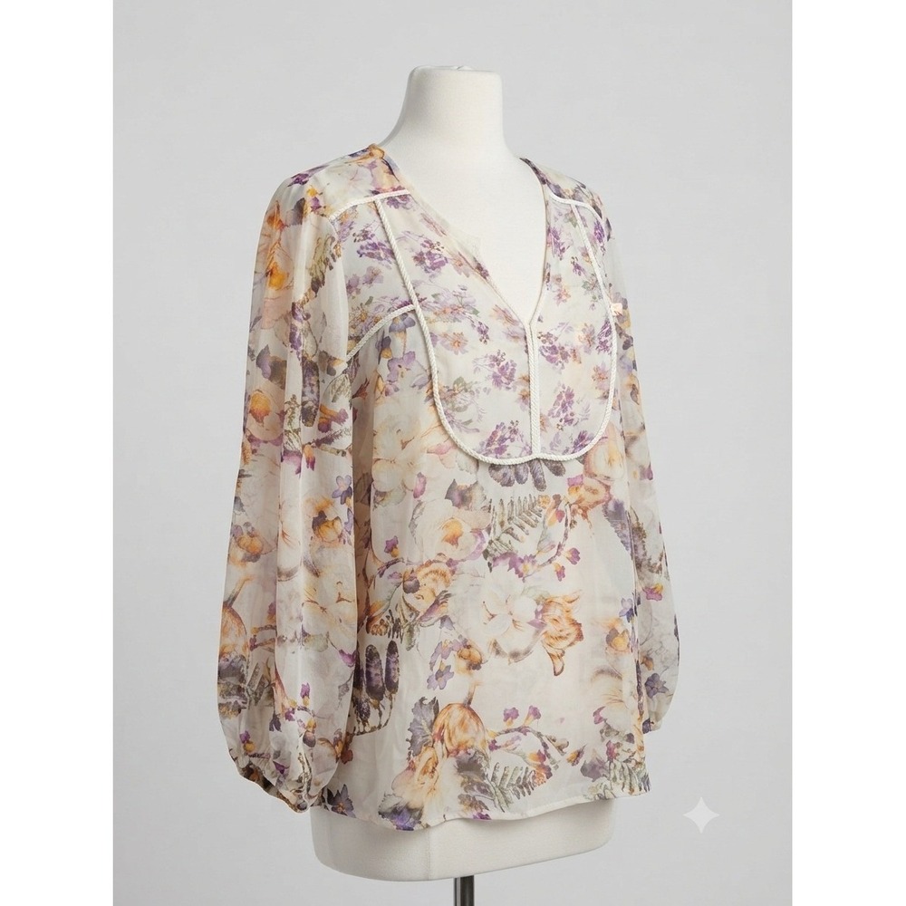 Jeans by Buffalo Women Floral V-Neck Blouse Purple Orange Braided Trim Large